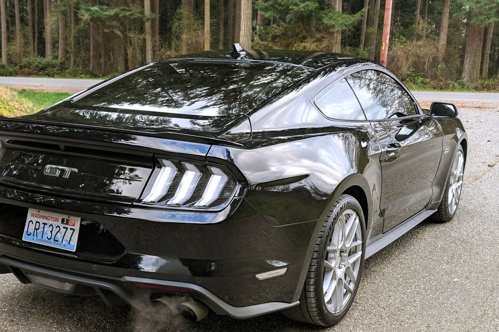 Black Mustang GT with a glossy, freshly polished finish